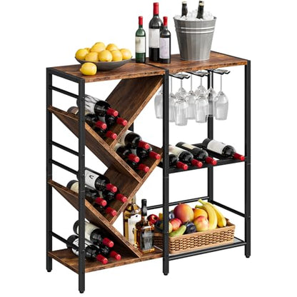 HOOBRO Liquor Cabinet Bar, Wine Rack Freestanding Floor, 3-Tier Wine Rack with Glass Holder, Liquor Bar Cabinet, Mini Bar Table with Bottle Display Rack for Home Bar, Rustic Brown and Black BF36JJ01