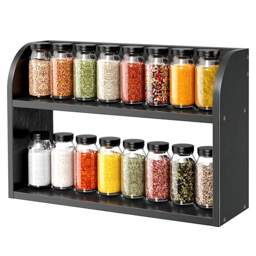 ROMGUAR CRAFT 2 Tier Bamboo Spice Rack, Countertop or Wall Mounting Wood Spice Jars Organizer Shelf for Kitche, Pantry (Black) - color: Black, size: 2 Tier