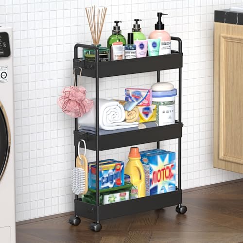 SOLEJAZZ Slim Rolling Storage Cart Skinny Bathroom Organizer, 3 Tier, Black | Thin utility cart with wheels for bathroom, laundry room, bedside, kitchen, dorm, office, next to fridge, small narrow places - color: Black, size: 3-Tier, 4.76"D