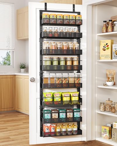 SNTD 8 Tiers Over the Door Organizer - Height Adjustable Pantry Organizers and Storage with Dense Mesh Baskets, Anti-Swing Hanging Door Spice Rack for Kitchen Bathroom (Black, 17" W x 6" D x 69" H) - color: Black, size: 17" W x 6" D x 69" H