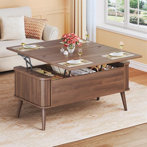 HUAHUU Lift Top Coffee Table with Storage, 40" Square Coffee Table with 3 Hidden Compartments, Modern Center Table with Lifting top, Converts to Dining Table for Living Room, Home Office, Walnut - color: Walnut, size: 19.7"D x 39.4"W x 16.5"H