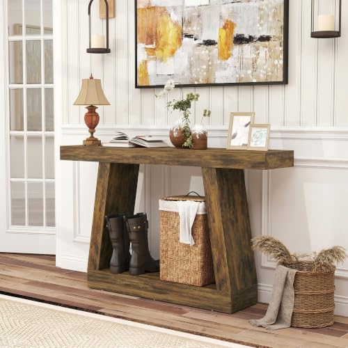 HOMCOM 55.1" Narrow Entryway Table with Thickened Tabletop Rustic Brown | 2-Tier Farmhouse Console Table, Storage Shelf, Trapezoidal Base, for Behind Couch Sofa, Living Room, Hallway, Entrance - size: 55.1" W