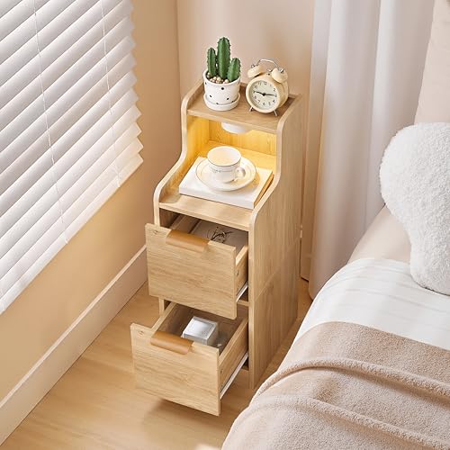 MAHANCRIS Narrow Nightstand with LED Light, Small Side Table with 2 Drawers, Open Shelf, Modern Bedside Table, Slim End Table for Small Spaces, Skinny Night Stand for Bedroom, Natural ETNA35E01 - color: Natural