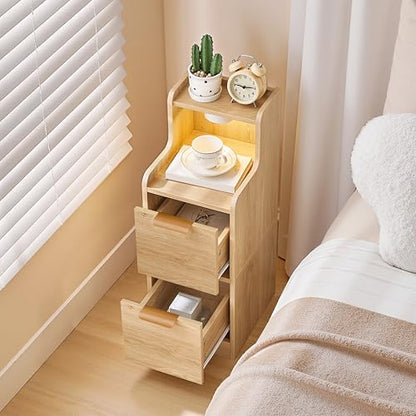 MAHANCRIS Narrow Nightstand with LED Light, Small Side Table with 2 Drawers, Open Shelf, Modern Bedside Table, Slim End Table for Small Spaces, Skinny Night Stand for Bedroom, Natural ETNA35E01 - color: Natural