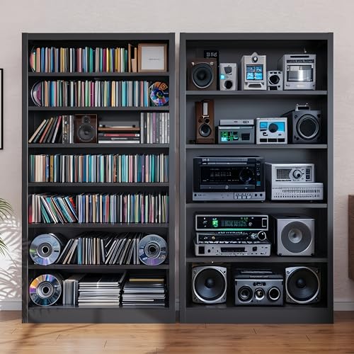 55" Media Storage Cabinet, Metal CD Storage Rack with 6 Adjustable Shelves, Large DVD Storage Shelf Rack for Living Room, Home Entertainment (Black)