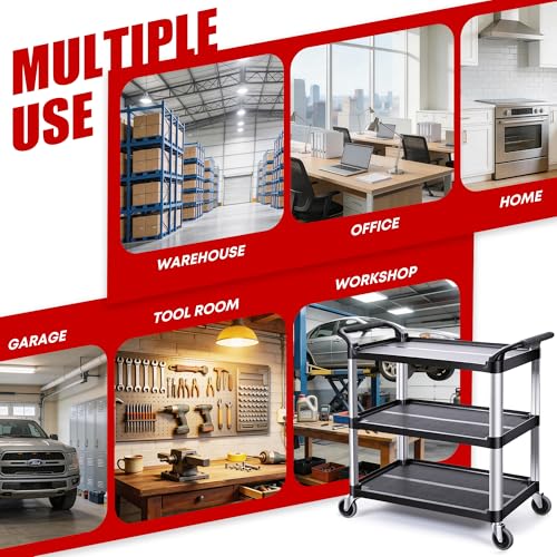Matthew 3 Tier Rolling Utility Cart with Wheels, 440 lbs Heavy Duty Service Cart with Aluminum Frame, Durable Shelves, 37.8" x 19.7" x 37.8" for Garage, Warehouse, Kitchen and Office