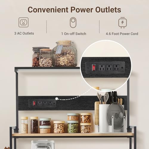4-Tier Kitchen Baker's Rack with Power Outlet, Microwave Stand and Storage Shelves, Coffee Station Organizer (White Maple and Black) - color: White Maple+black