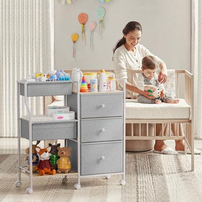 Modanais Baby Diaper Caddy Organizer Rolling Cart with Drawers, Light Gray | Detachable Dividers, 3 Tier Rolling Cart, Mobile Utility Cart with Wheels for Nursery, Bedroom, Changing Table & Crib - color: Light Gray