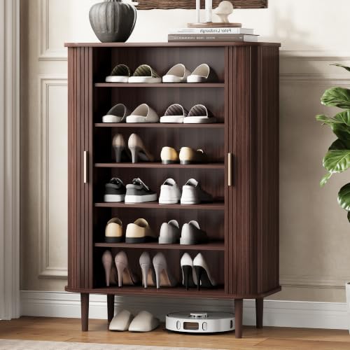 DHH Shoe Storage Cabinet with Sliding Door, 6-Tier Shoe Cabinet with Adjustable Shelves, Modern Freestanding Shoe Storage Organizer for Entryway, Hallway, Living Room (Walnut, 31.5 ") - color: Walnut, size: 31.5 "