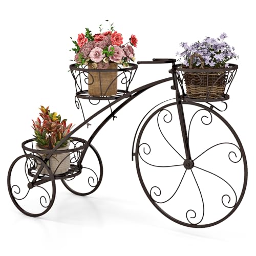 Giantex Metal Bicycle Planter, 3 Tier Tricycle Flower Plant Stand w/ 3 Decorative Wheels, Parisian Style Flower Display Stand Cart for Home Decor Patio Garden Flower Shop Indoor Outdoor (Bronze) - color: Bronze