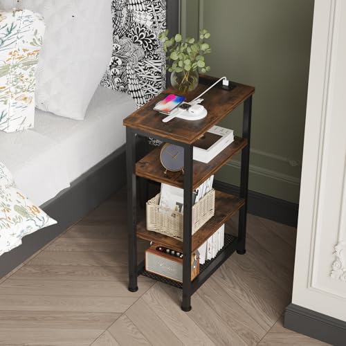 Narrow Nightstand with 4-Tier Shelves, Small Side Table with Charging Station, Skinny Nightstand with Bookshelf, Thin End Table with USB Ports and Outlets, Bed Side Table for Bedroom, Home Office