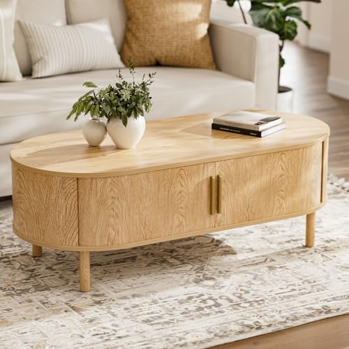 ZttRiee Oval Coffee Table with Sliding Doors, Modern, Natural | 47.24"L x 21.65"W x 16.14"H, 200 lbs capacity, 2 front & back storage areas, ~60 min assembly - color: Oak_lsj032-n