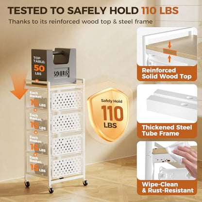 5 Tier Kitchen Storage Cart with Wheels, Utility Fruit Vegetable Storage Rack Stand with Pull-Out Baskets & Wood Top, Metal 4-Drawers Rolling Snack Cart, Kitchen Cart for Potato Onion(White) - color: White