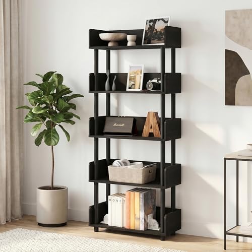 5-Tier Storage Shelves with Rounded Corner Top Edges, Open Shelves Book Shelf with Side Panels, Display Shelf for Organization and Storage, Home Office, Living Room, Espresso - color: Espresso, size: 5 Tier