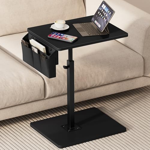Sofa Armrest Tray Table for Couch, 360° Swivel Height Adjustable TV Tray Table for Small Spaces, Snack Side Table for Couch, Bed, Chair, C Shaped End Side Table for Eating, Reading, Laptop - color: Black, style: With Storage Bag