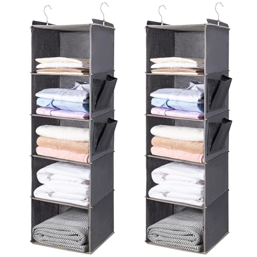 BOOMIBOO Hanging Closet Organize and Shelves,5-Hanging Shelf（2 Pack,Grey） | Dorm Room Essentials, Clothes Organizer with 2 Side Pockets, Hanging Shelves for Closet Storage, Breathable Fabric - color: Grey, size: 2