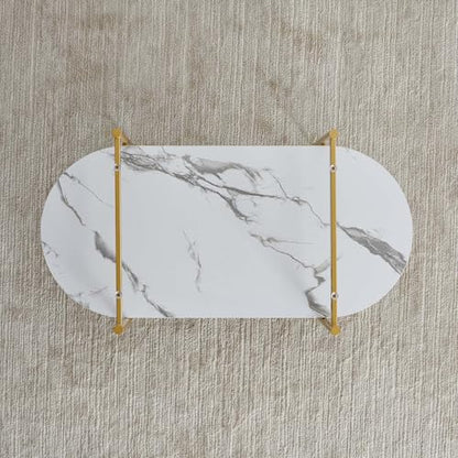 LumFurn Oval Coffee Table, Mid-Century Modern Design, L41 x W21 x H17 inch, for Living Room, Clear Glass Top, White Marble Finish Wood Shelf & Gold Finish Frame - color: Clear & White Marble, size: L41" Oval Coffee Table
