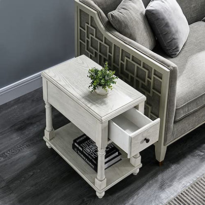 Solid Wood Narrow End Table with Drawer, Sofa Side Table with Storage Shelves, Slim Beside Table ,Telephone for Small Spaces, Living Room, Easy Assembly 22" x 13" x 22.7" AntiqueWhite BBJ004RW - color: Antique White