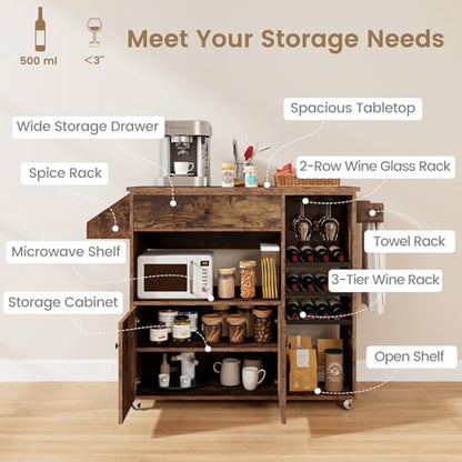 Giantex Rolling Kitchen Island Cart with Drop Leaf, Power Outlet, Spice Rack, 12 Wine Rack, Glass Holder, Drawer, Storage Cabinet, Towel Rack, Island Table for Breakfast Coffee Bar (Rustic Brown) - color: Rustic Brown