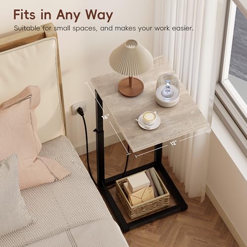 Vagusicc C Shaped End Table with Charging Station, Adjustable Height Side Table for Couch, C Table End Table Couch Table that Slide Under, Sofa Table TV Tray Arm Tables for Living Room, Bedroom, Gray - color: Greige, style: Charging Station