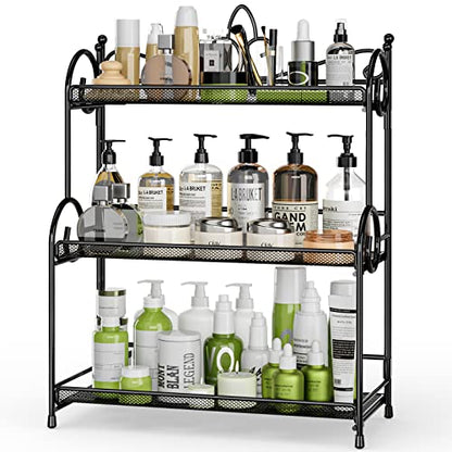 EKNITEY Bathroom Counter Organizer - 3 Tier Spice Rack(No Assembly) | Skincare Countertop Organizers, for Bathroom Kitchen Bedroom, Sturdy Metal Frame, Easy to Clean, Foldable, Black - color: Black