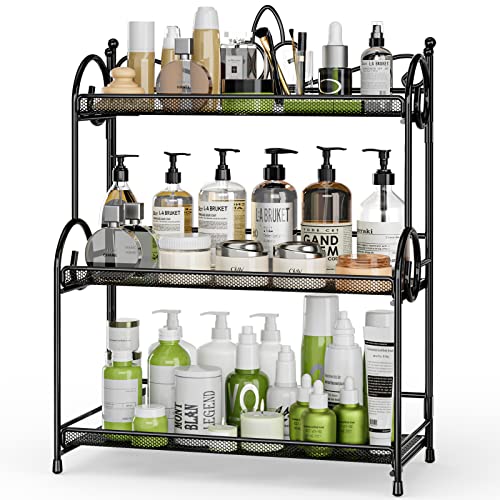 EKNITEY Bathroom Counter Organizer - 3 Tier Spice Rack(No Assembly) | Skincare Countertop Organizers, for Bathroom Kitchen Bedroom, Sturdy Metal Frame, Easy to Clean, Foldable, Black - color: Black