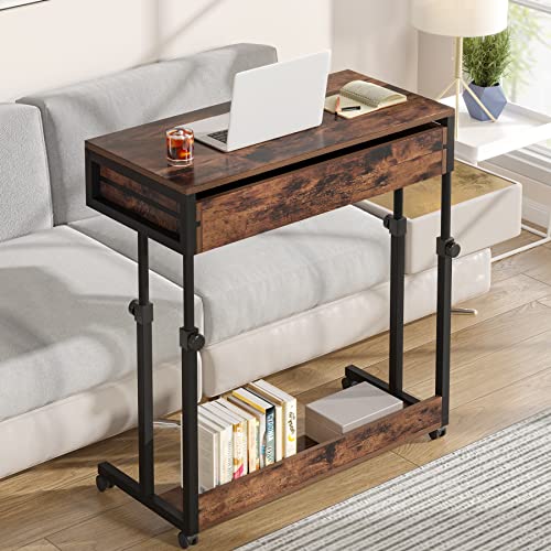 Tribesigns Portable Desk with Drawers, Mobile Laptop Desk with Wheels, Sofa Side Table Small Portable Standing Rolling Table for Home Office - color: Brown