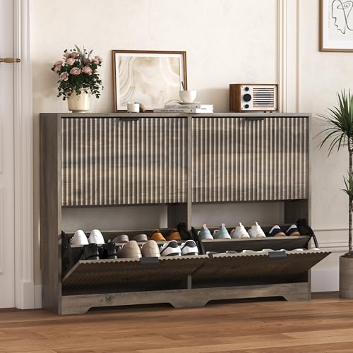 HUANLEGO Shoe Cabinet Storage for Entryway with 4 Flip Drawers, Grey Fluted Shoe Cabinet with Adjustable Shelves, Wooden Hidden Shoes Rack Freestanding Narrow Slim Shoes Storage for Hallway, Entrance - color: Grey, size: 4 Drawer