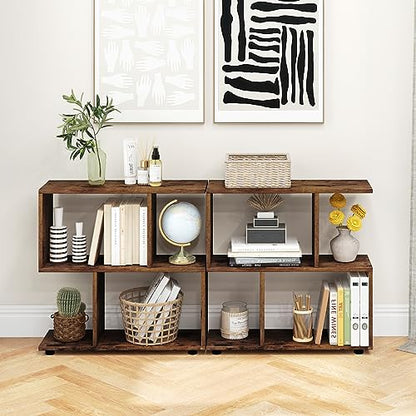 Tangkula 2 Tier Geometric Bookshelf, Freestanding Wood Display Shelf, Home Office Room Divider S Shaped Open Bookcase, Small Bookshelf for Small Spaces, Living Room, Study (Coffee, 2) - color: Coffee, size: 2