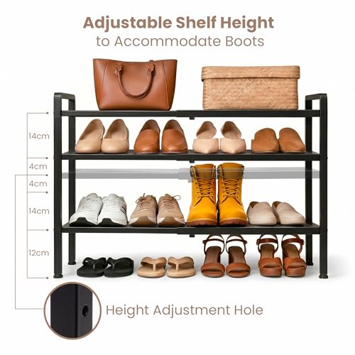 Varhomax Expandable Shoe Rack for Closet and Entryway 3-Tier | Adjustable Shoe Organizer, Sturdy Black Metal Storage Shelf for Apartment, Dorm, Small Spaces