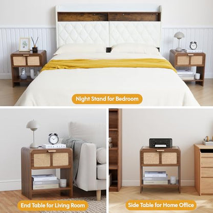 LEVNARY Compact Nightstand Set of 2, Mid-Century Modern Bedside Table with Charging Station and Fabric-Like Textured Drawer, Wooden Small End Table for Farmhouse Bedroom Living Room (2, Walnut) - color: Walnut–linen Drawer Front, size: 2-Pack