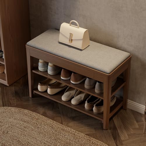 Small Shoe Bench with Storage, Wooden Shoe Storage Bench with Cushion&Hidden Drawer, 2-Tier Shoe Rack Bench for Entryway, Mudroom, Hallway - size: 31.5"W x 13.6"D x 21.3"H