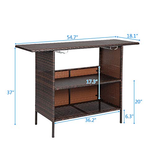 54.7" Patio Wicker Sideboard Buffet Cabinet Prep Table,All Weather Patio Rattan Wicker Bar Table,Outdoor Patio Bar Table,with Storage Shelves,for Party Porch Backyard Garden Poolside (Brown)