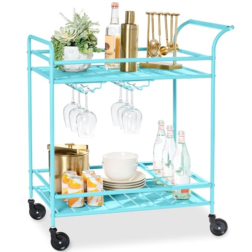 Best Choice Products Rolling Bar Cart, Mobile Home Bar Serving Cart, Serving Station w/ 2 Tier Shelves, Wine Rack, Lockable Wheels - Teal - color: Teal