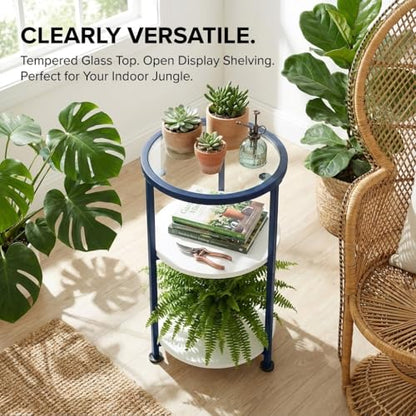 Modern 3-Tier Round Side Table with Glass Top, Small End Table for Small Spaces, 22" High Bedside Table with White Shelves and Navy Blue Frame, Stylish Metal Nightstand for Living Room Bedroom - color: White + Navy Blue