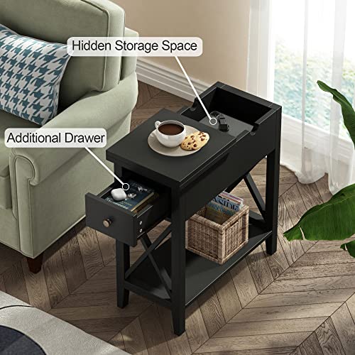 ChooChoo End Table, Flip Top Narrow End Table with Drawer | Narrow Side Table with Flip Top, Accent Small Side Table Nightstand for Living Room, Bedroom, and Small Spaces, Black - color: Black, size: 1 Pack, style: Without Power