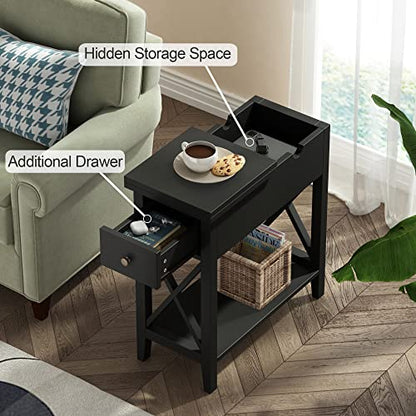 ChooChoo End Table, Flip Top Narrow End Table with Drawer | Narrow Side Table with Flip Top, Accent Small Side Table Nightstand for Living Room, Bedroom, and Small Spaces, Black - color: Black, size: 1 Pack, style: Without Power
