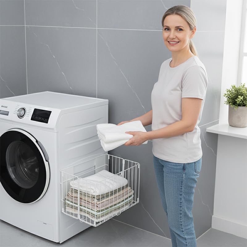 Magnetic Collapsible Laundry Basket, Foldable Metal Laundry Hamper for Washing Machine Side, Space Saving Pop Up Hamper, Laundry Room Organization and Storage (White) - color: White