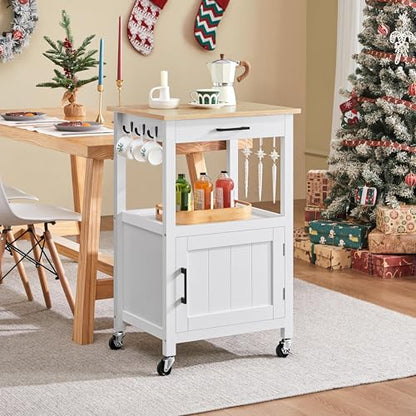 Yaheetech Kitchen Island Cart with Storage, Rolling Kitchen Island on Wheels with 6 Side Hooks, Wood Top Microwave Cart with Drawer for Dining Room, White - color: White