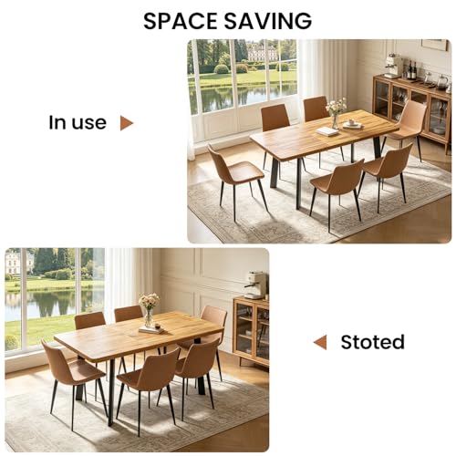 Extendable Dining Table Set for 4 to 8 People, 47.2" to 63" Modern Kitchen Table Set with 6 Leather Chairs, MDF Dining Room Table and Chairs with Removable Extension Leaf (Walnut Table+Brown Chairs) - color: 47.2'' - 63'' Walnut Table+6 Brown Chairs