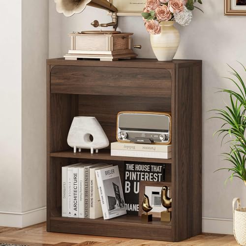 FATORRI Bookcase with Drawer, 3-Tier Rustic Book Shelf with Storage, Open Display Bookshelf with Rounded Corners for Living Room, Home Office, Bedroom, Kids Room (Dark Walnut) - color: Dark Walnut, size: With Drawer