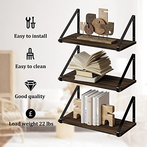 BAMEOS Floating Shelves Rustic Wood Wall Shelf, Small Bookshelf for Living Room, Office, Bedroom, with Metal Bracket - style: 3 pack Carbonized 16"W 8"D