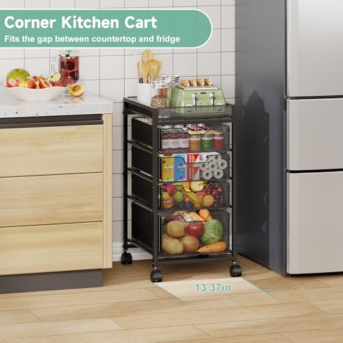 keomaisyto 5-Tier Kitchen Storage Cart with Top Basket & Drawers, Fruit and Vegetable Storage Rack on Wheels, Metal Rolling Cart with Drawers & Kitchen Organization for Snacks, Potatoes, Onions, Cans - size: 5-Tier