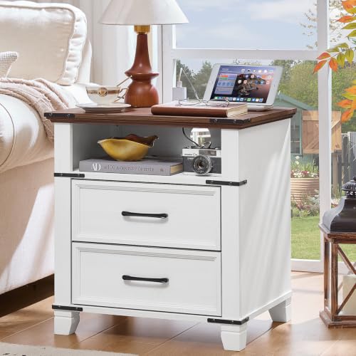 22" Farmhouse Nightstand Set of 2 with Charging Station,End Table with 2 Drawers,Rustic Wood Dresser for Bedroom,Bed Side Table Chest of Drawers Cabinet,Night Stand for Living Room,White - color: White