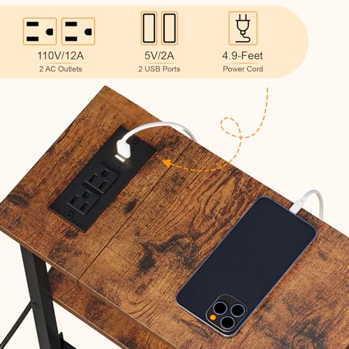 Snughome Narrow Side Table with Charging Station, Slim End Table for Small Spaces, 3 Tier Skinny Nightstand with Drawer, Sofa Beside Table with Storage Shelf for Living Room Bedroom - color: Rustic Brown