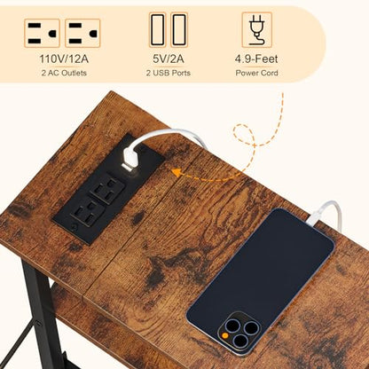 Snughome Narrow Side Table with Charging Station, Slim End Table for Small Spaces, 3 Tier Skinny Nightstand with Drawer, Sofa Beside Table with Storage Shelf for Living Room Bedroom - color: Rustic Brown