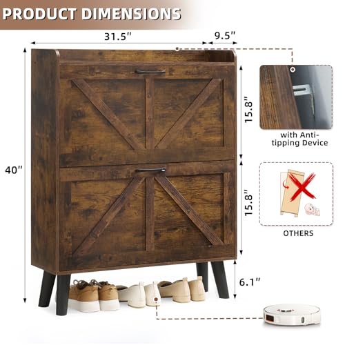 LEYAOYAO Shoe Cabinet Storage for Entryway with 2 Flip Drawers Rack Narrow Organizer Slim Hidden Wood Shoe Cabinet Furniture Brown - color: Brown