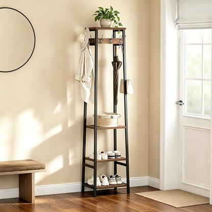 Coat Rack Freestanding, Coat Stand with 3 Shelves and 7 Hooks, Hall Tree Free Standing, Clothes Rack Stand Organizer, Industrial Style, Rustic Brown and Black - color: Rustic Brown and Black, style: 3 Shelves