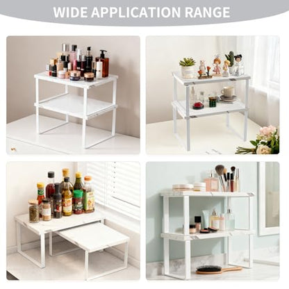 2-Pack Expandable Stackable Cabinet Shelf, Metal and Wood, White - color: White