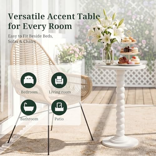 Round Side Table for Small Spaces, Modern Pedestal End Table with Solid Wood Spindle Leg, Small Drink Table Accent Nightstand for Living Room, Bedroom, Sofa Side, Apartment & Office, White - color: White